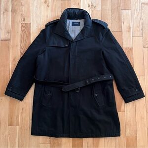 Burberry Mens Black Belted Hidden Hood Button Front Coat 100% Cotton Size 56